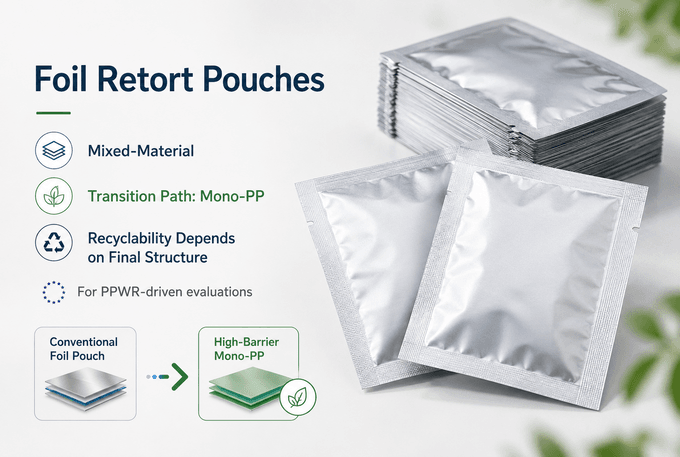 Side-by-side comparison of conventional aluminum foil retort pouch versus recyclable-oriented Mono-PP pouch with an arrow