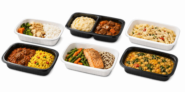 Institutional bulk retort pouch on stainless steel kitchen counter