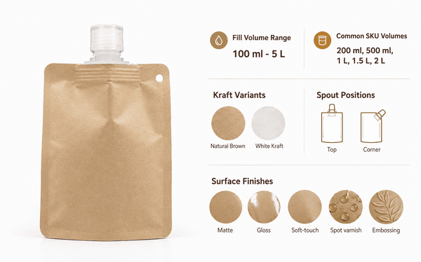 Key specifications reference chart for kraft stand up spout pouches, covering fill volume, spout position, and finish options