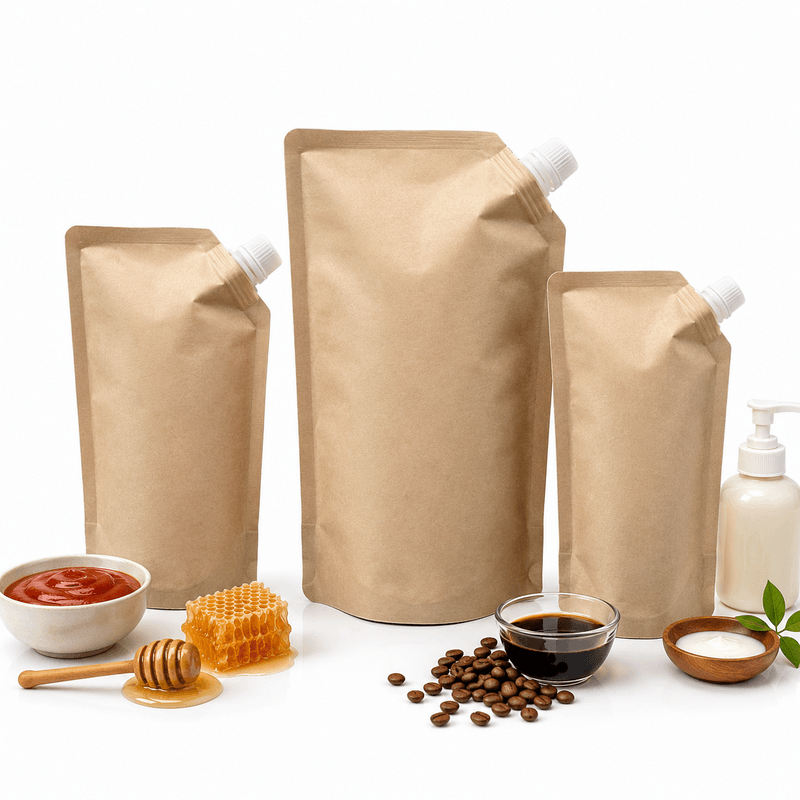 Kraft stand up spout pouches for liquid and semi-liquid B2B packaging