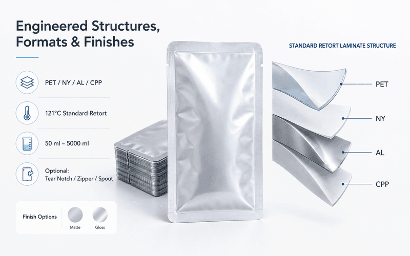 Retort pouch structure layer diagram showing PET, NY, AL, CPP cross-section with labels