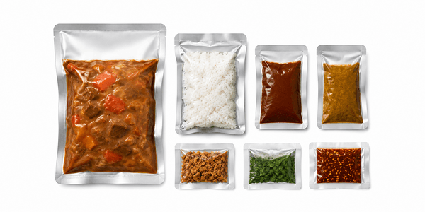 Meal kit assembly -- main pouch with smaller sauce sachets