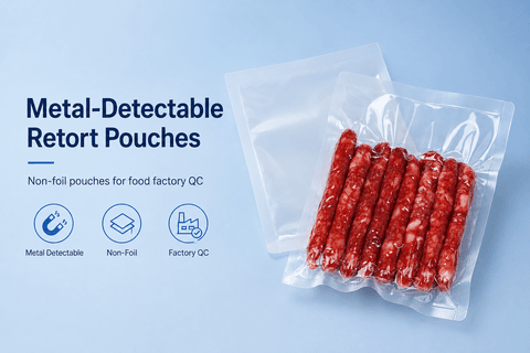 Metal-detectable retort pouches isolated on white background