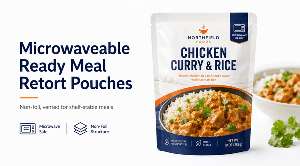 Microwaveable retort pouch with transparent window for prepared meals