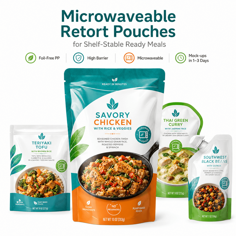 Foil-free microwaveable retort pouch packaging for shelf-stable ready meals