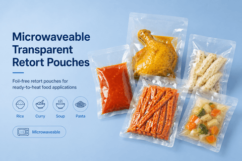 Microwaveable transparent retort pouches isolated on white background