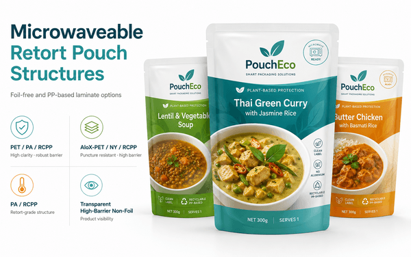 Range shot -- flat, stand-up and spout microwaveable retort pouches lined up showing different formats