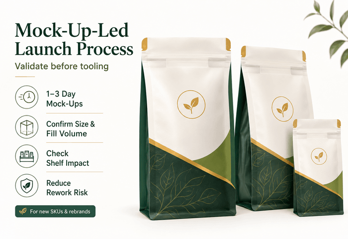Hand-made high-fidelity mock-up of recyclable shaped pouch before tooling