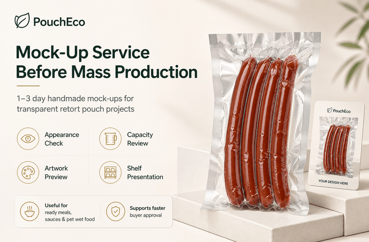 Mock-up service before mass production -- transparent retort pouch mock-up in retail environment