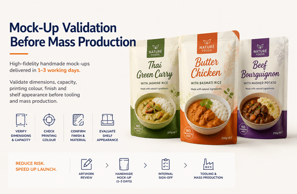 Mock-up of private-label ready meal retort pouch with brand artwork