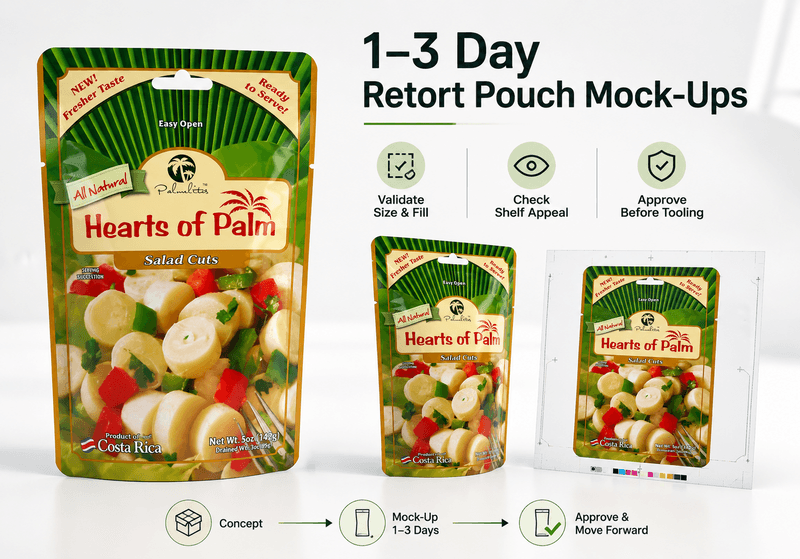 Designer reviewing hand-made retort pouch mock-up next to printed artwork files on desk