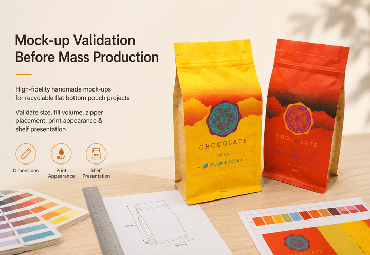 Recyclable flat bottom pouch specification review with samples, ruler and printed artwork