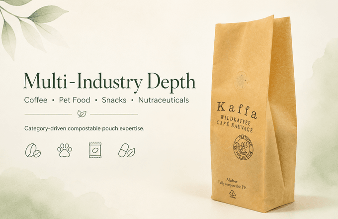 Compostable shaped pouches arranged on retail shelf for premium nutraceutical category