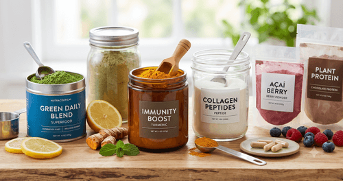 Compostable shaped pouches arranged on retail shelf for premium nutraceutical category