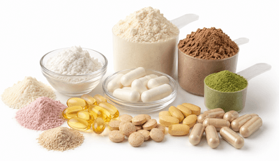 Supplement powder recyclable PP pouch with scoop on counter