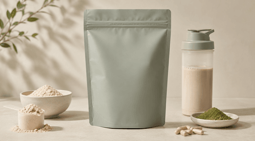 Recyclable protein powder pouch with powder-proof zipper and scoop beside it