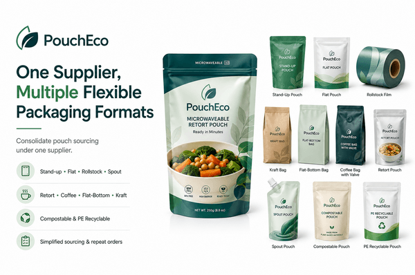Display of stand-up pouches, flat pouches, kraft bags, coffee bags and retort pouches together from PouchEco