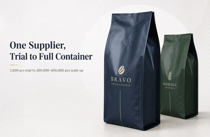 Side-by-side comparison of digital and gravure print runs for recyclable quad seal pouches