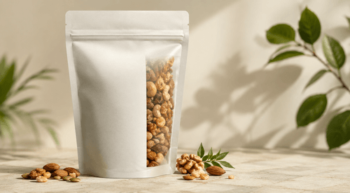 Window-front matte recyclable snack pouch with visible nuts on a wooden organic brand shelf