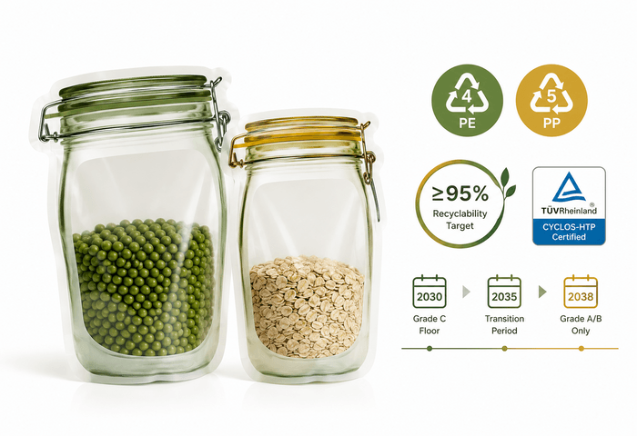 Recyclable shaped pouches application on European retail shelf, PPWR-ready