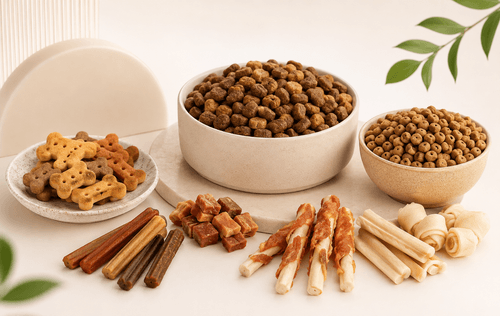 Flat bottom pet food pouch standing with dry pet food product scene