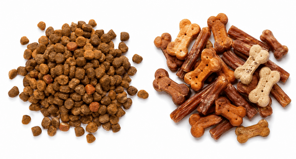 Quad-seal mono-PE pouch filled with dry pet food kibble on display