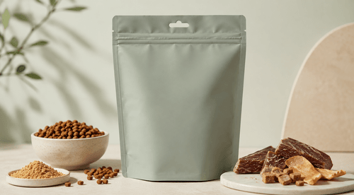 Resealable recyclable pet treat pouch with treats displayed and durable base highlighted