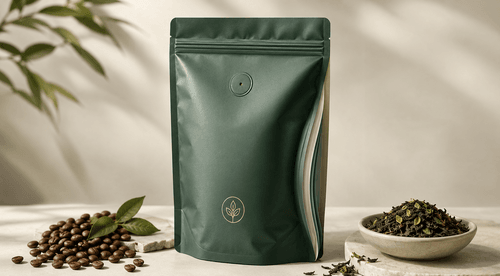 Specialty recyclable coffee pouch with degassing valve on a cafe retail shelf with beans scattered