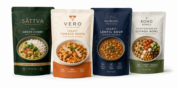 Multiple private-label retort pouch designs in a row