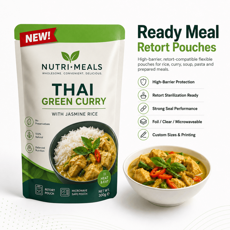 Ready meal retort pouches with curry rice on factory production line