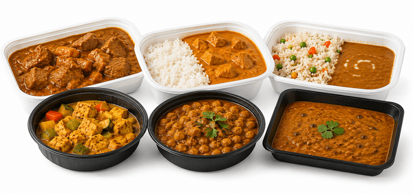 Branded aluminum foil retort pouch of spicy beef curry beside a plated serving