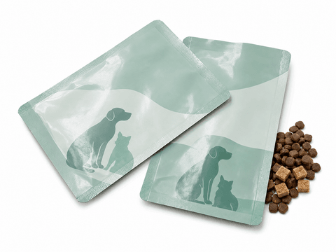 Recyclable 3-side seal pet food pouch with tear notch and hang hole detail