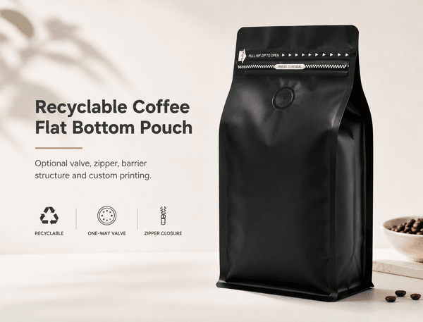 Recyclable coffee flat bottom pouch with degassing valve and zipper