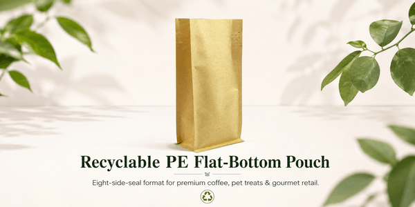 Flat-bottom recyclable PE pouch with eight-side seal for coffee retail