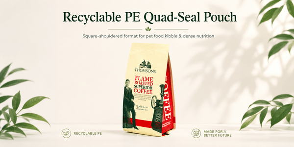 Quad-seal mono-PE pouch filled with dry pet food kibble on display