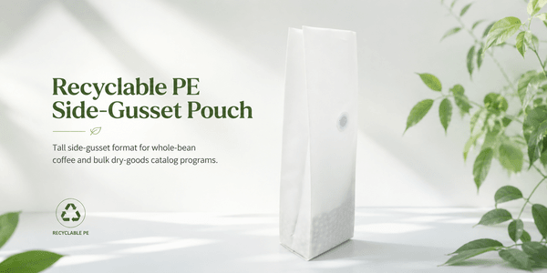 Side-gusset mono-PE pouch packaging filled with roasted coffee beans