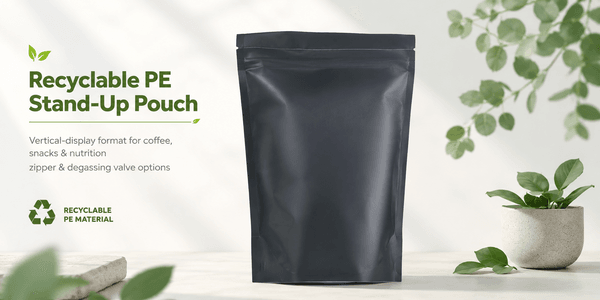 Recyclable PE pouch range for coffee, pet food and snacks on factory shelf