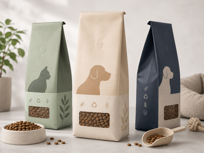 Multi-kg recyclable PP pet food pouch on retail shelf