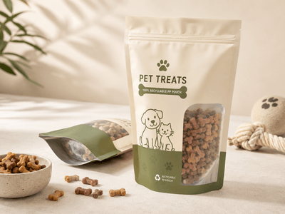 Small format recyclable PP pet treat pouch row