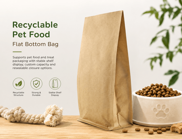 Recyclable pet food flat bottom bag standing with dry pet food product fill