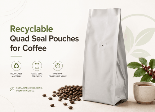 Recyclable quad seal pouches for coffee with one-way degassing valve