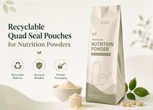 Quad seal pouches for nutrition powders with matte finish and spot gloss