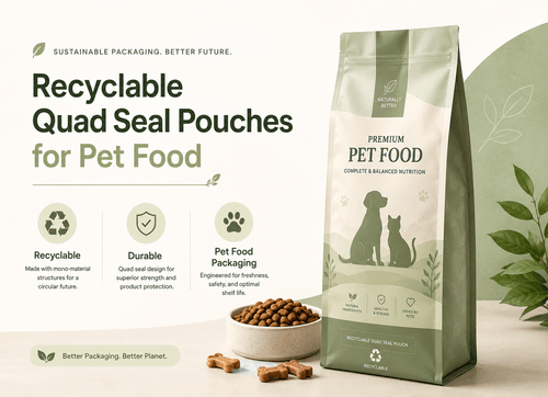 Recyclable quad seal pet food pouch in 2 kg format with resealable zipper