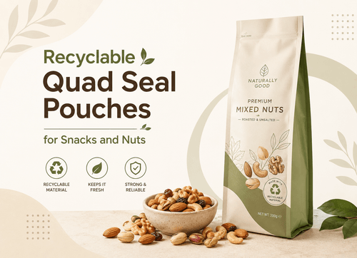 Recyclable mono-material quad seal pouches for snacks, nuts, and trail mixes