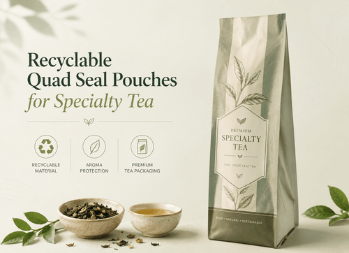 Recyclable mono-material flat bottom quad seal pouch for specialty tea and dry herbal blends
