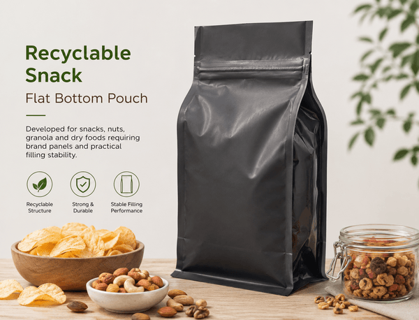Recyclable snack flat bottom pouch with transparent product scene for nuts and granola