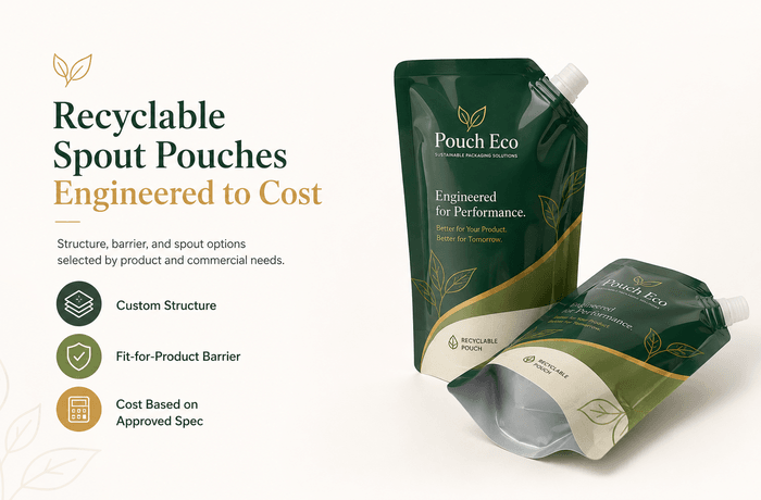 Comparison of three recyclable spout pouch structures with cost and barrier annotations