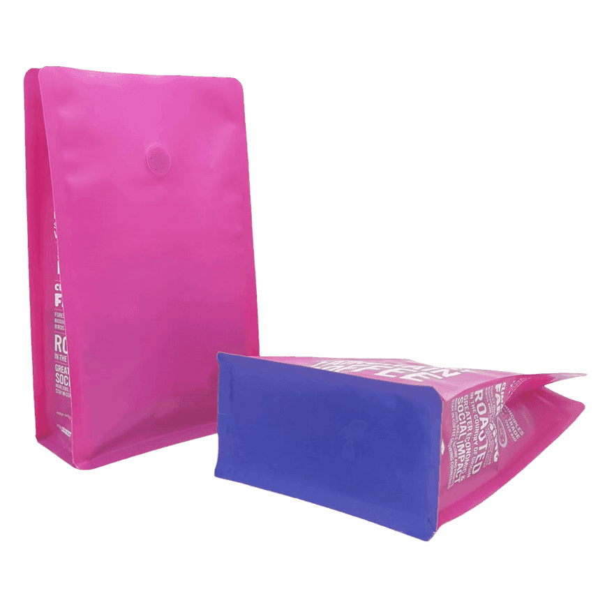 Recyclable flat bottom pouches standing on a retail shelf with coffee, pet food and snack packaging variations
