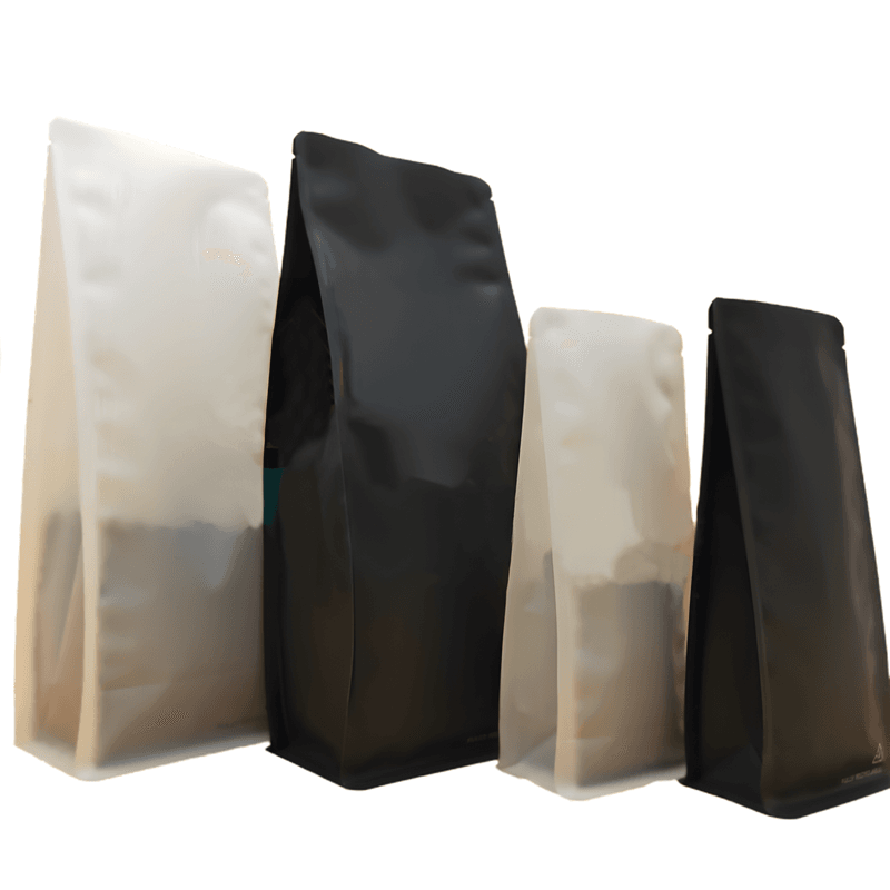 Close-up of a recyclable box bottom pouch showing front panel, side gusset, bottom structure and zipper