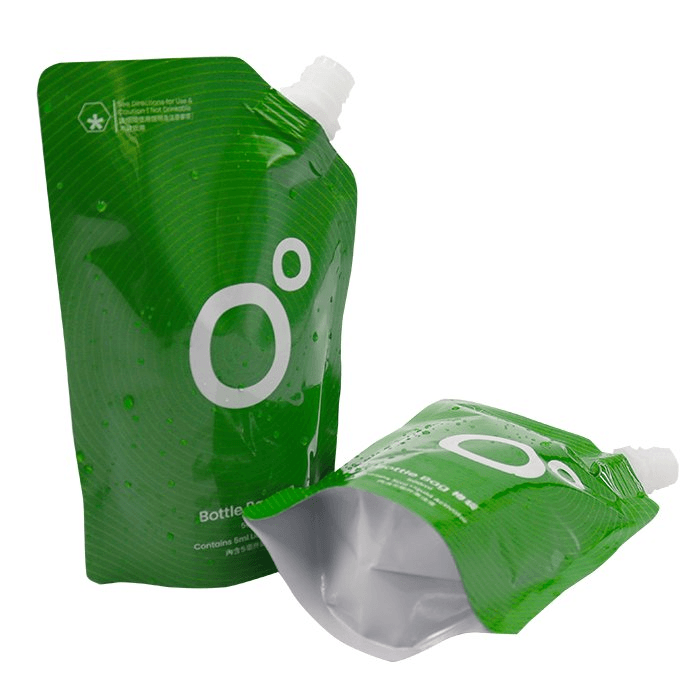 Cross-section illustration of a mono-PE spout pouch showing recyclable film layers and PE spout assembly